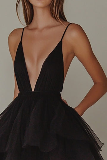 Ruffled Tulle Tiered Little Black Dress